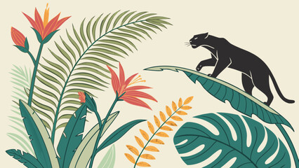 Black panther in jungle illustration vector art tropical foliage exotic wildlife nature scene design drawing 100