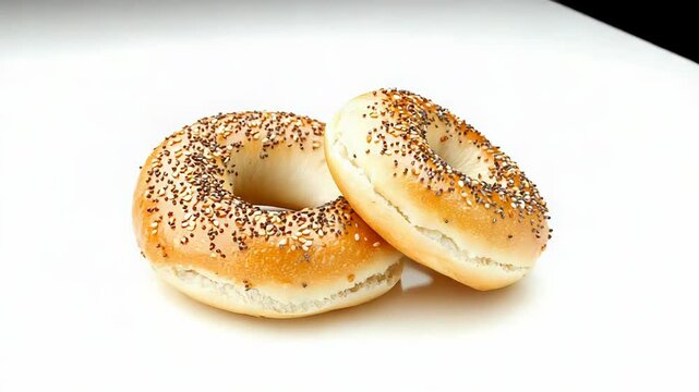 Two everything bagels resting on a white background