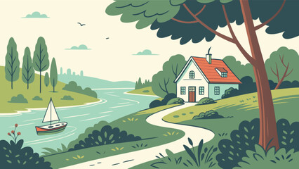 Scenic landscape illustration of a house by the river with a sailboat and nature background vector art