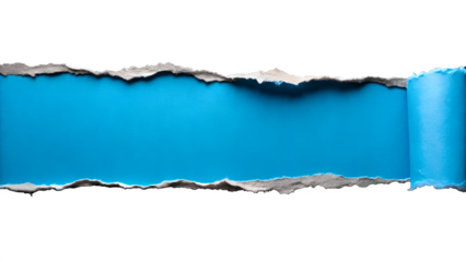 A horizontal rip in white paper revealing a vibrant blue background, with one edge rolled to the side, offering ample space for text and design isolated on transparent background