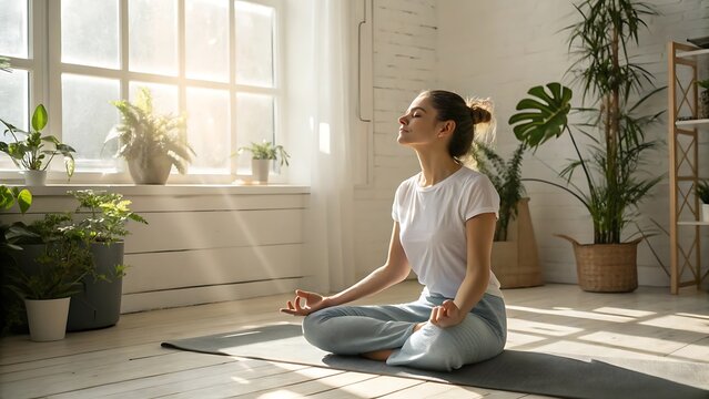 Woman meditating in sunlit room with plants yoga relaxation