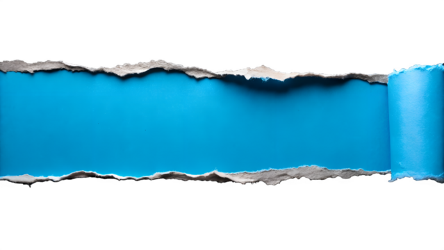 A horizontal rip in white paper revealing a vibrant blue background, with one edge rolled to the side, offering ample space for text and design isolated on transparent background
