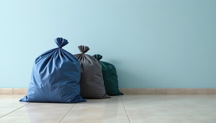 the image shows three large, opaque bags sitting on a tiled floor against a solid colored wall, the bags are gathered at the top and tied off, the colors of the bags vary