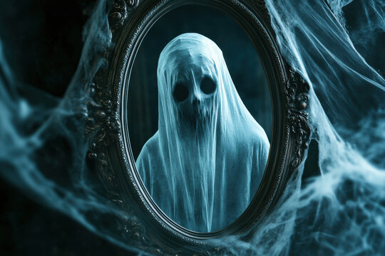 A Spectral Figure Reflected in an Antique Mirror, Veiled in Mystery and Enveloped by Ethereal Cobwebs