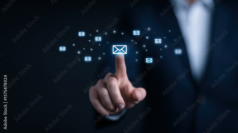 Poster a man is pointing at a screen with a bunch of emails