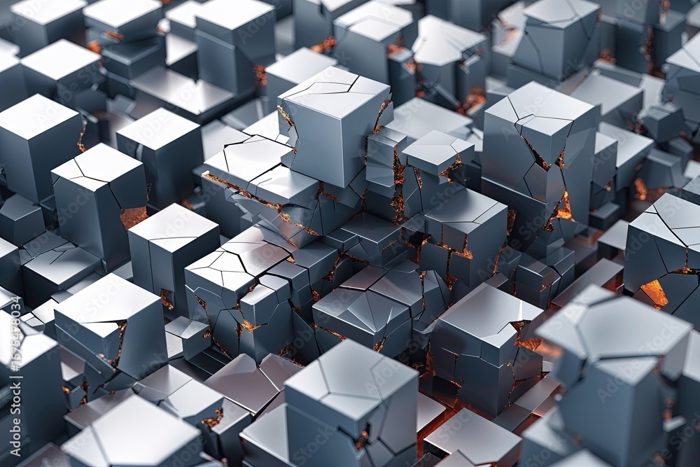 Poster fascinating 3d visualization of fractured cube blocks in asymmetrical arrangement