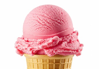 A closeup of pink ice cream on a waffle cone isolated on white background