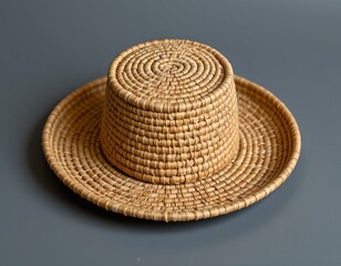 the image features a crafted head covering made of woven natural fiber, the central element is cylindrical, with a flat top and straight sides