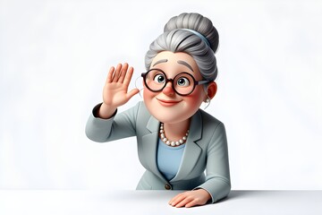Cartoon grandma waving with glasses and gray hair in a business suit