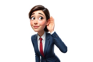 Cartoon woman in a suit listening intently with hand cupped to her ear