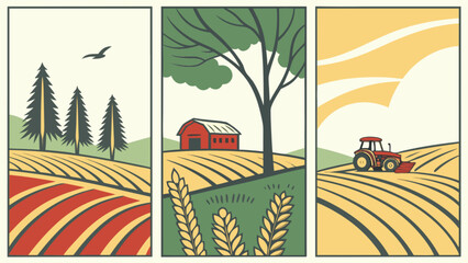 Vintage farm landscape vector illustration with tractor barn and fields for agriculture design concept