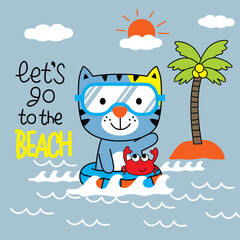 Cartoon tiger in goggles floating with crab in ocean near beach with sun and palm tree. Summer vacation concept
