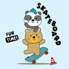 Cartoon bear riding skateboard while carrying panda with playful fun time text. Children’s activity concept
