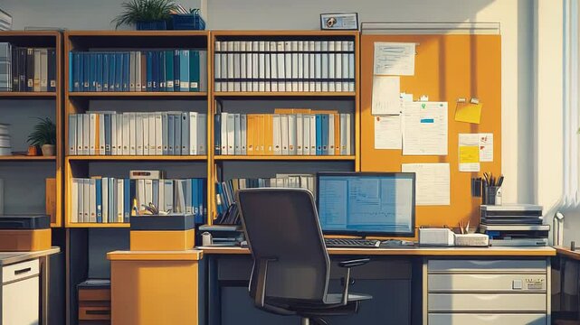 Sun shining on empty office desk and bookshelves