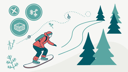 Snowboarding adventure in winter wonderland with pine trees and fresh powder snow for extreme sports fun