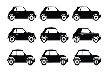 Automotive Variations: A collection of nine sleek, monochromatic car silhouettes showcases the diverse forms and profiles of modern automotive design.