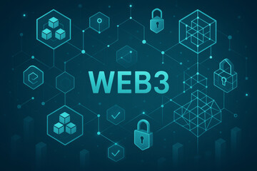 Obraz premium Digital illustration features term WEB3 surrounded by interconnected hexagons, cubes, and padlock icons, symbolizing blockchain, security, and decentralized web technology, emphasizing innovative