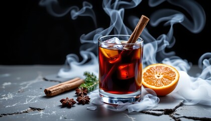 the image features a dark, moody atmosphere, the main subject is a glass filled with a dark amber liquid and ice, garnished with two cinnamon sticks