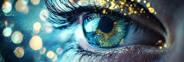 A creative representation of a woman's gaze intertwined with technological elements.