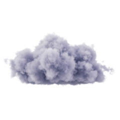 A singular, highly detailed, digitally rendered fluffy cloud in soft grey to purplish-blue tones with sharp contours, isolated against a transparent background with abundant copy space,