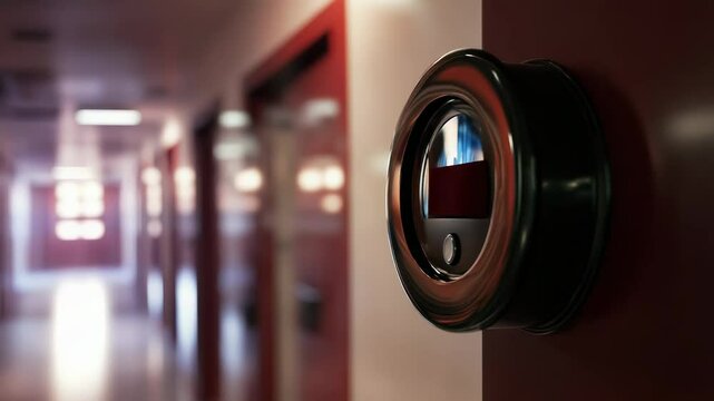 Fire alarm flashing red in a blurred corridor