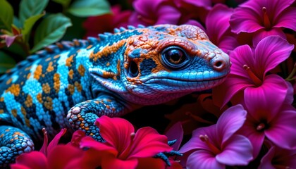 the image features a colorfully rendered reptile as the main subject, nestled among vibrant floral arrangements, the animal exhibits a striking palette