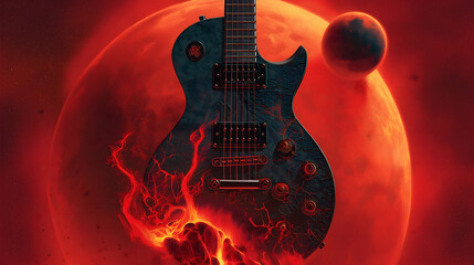 Illustration of guitar on fire near the Sun in the space