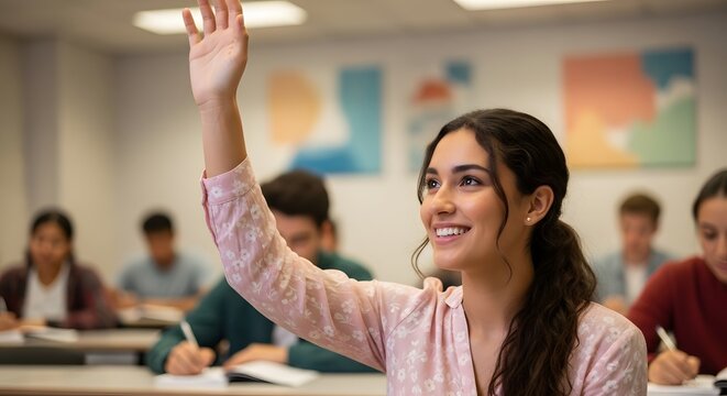 A smiling young woman raises her hand in a classroom setting, engaging with the lesson. - Powered by Adobe