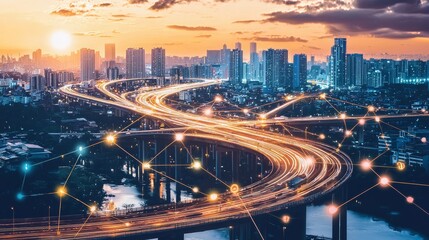Fototapeta premium An aerial view showcases the interconnected highways of a smart city at dusk.