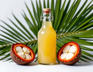 the still life image features a clear glass bottle filled with a yellow liquid and sealed with a tan stopper, positioned centrally