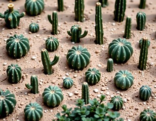 the image presents a collection of cacti arranged on a granular surface, the cacti vary in size and shape, some tall and columnar, others round and globular