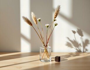 the image presents a still life position on a wooden surface with a light beige hue, showcasing the grain, the main subject is a small, square shaped glass vase with a clear