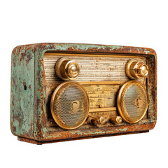 Vintage radio close up illustration with golden details and weathered exterior on black background