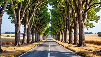 the image features a straight road leading into the distance, framed by a magnificent avenue of tall trees, the trees dominate the position