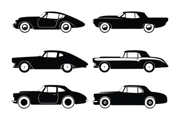 Classic Cars Silhouette: A collection of stylish black vintage cars against an simple background, each boasting timeless design and elegance of bygone era.