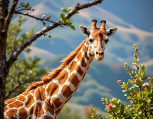 main subject: the primary subject is a young giraffe, positioned slightly to the right of the center, it faces forward, engaging the viewer with its gaze