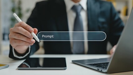 Businessman uses stylus to input prompt at desk with tablet and laptop