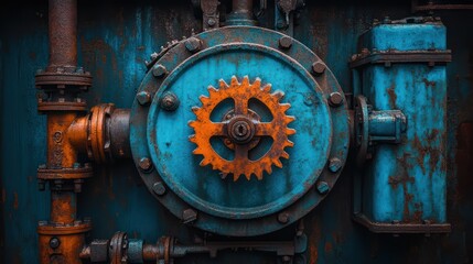 Close-up of rusty, blue and orange industrial gear mechanism.