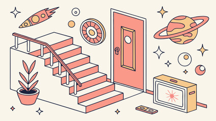 Retro space travel room with stairs, door, rocket, planet and tv illustration vector design 1980s style