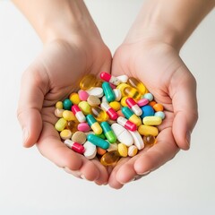 Hands Holding Colorful Pills, Capsules, and Tablets for Healthcare