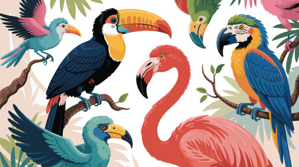 Obraz premium Colorful Tropical Birds Illustration Toucan, Flamingo, Parrot, and Exotic Bird Species on Branches