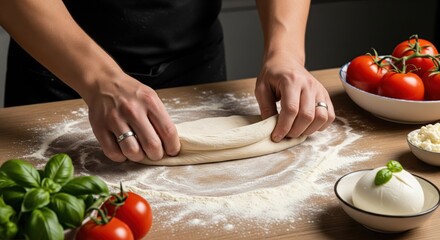 Preparing Homemade Pizza Dough with Fresh Tomatoes and Mozzarella