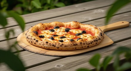 Neapolitan Pizza with Olives on Wooden Table Outdoors