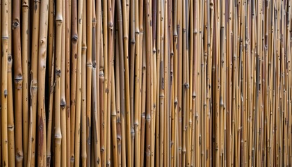 the image shows a wall or fence constructed of natural stalks, the individual stalks are arranged vertically and tightly packed together, creating a continuous surface