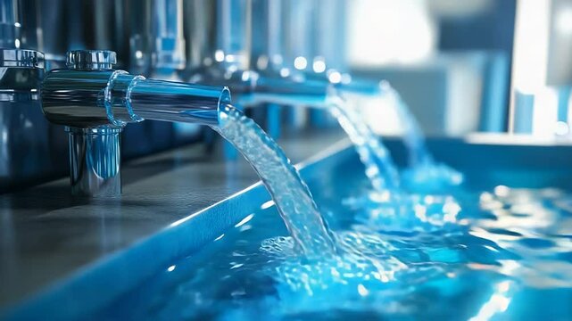 Faucets pouring fresh water into modern purification system