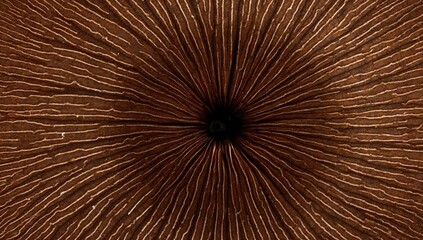 Abstract macro texture of brown mushroom gills radiating from center