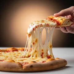 Delicious pizza slice with melted cheese pull by hand