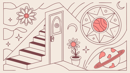 Boho aesthetic room with stairs door flowers planet and sun vector illustration for wall art decor