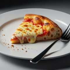 Melted Cheese Pizza Slice on White Plate with Fork