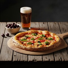 Neapolitan Pizza with Olives, Basil, and Beer on Rustic Wood Table